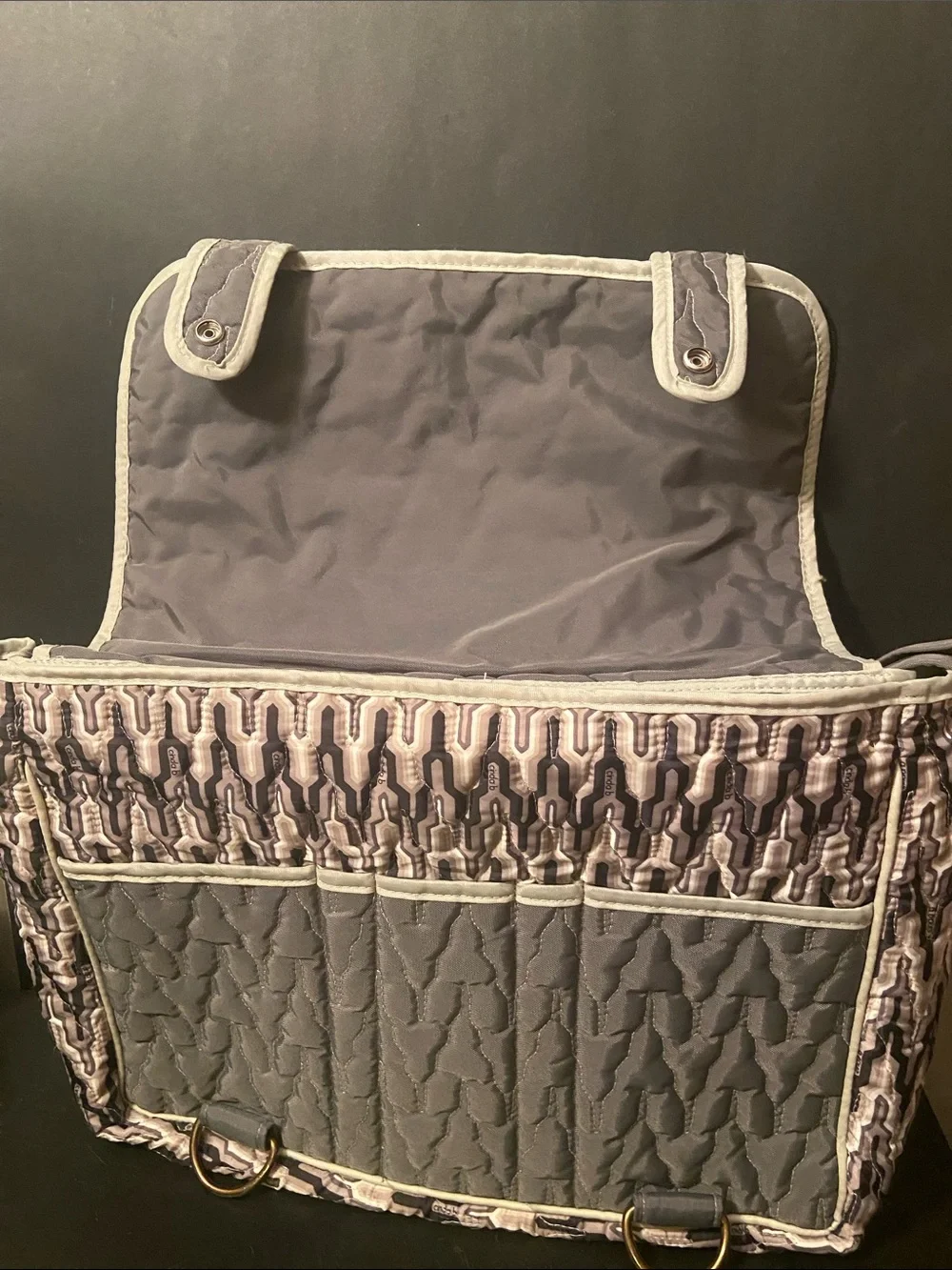 Cinda B Tote Bag, Diaper Shoulder Bag Gray Quilted Adjustable Strap Snap Close
